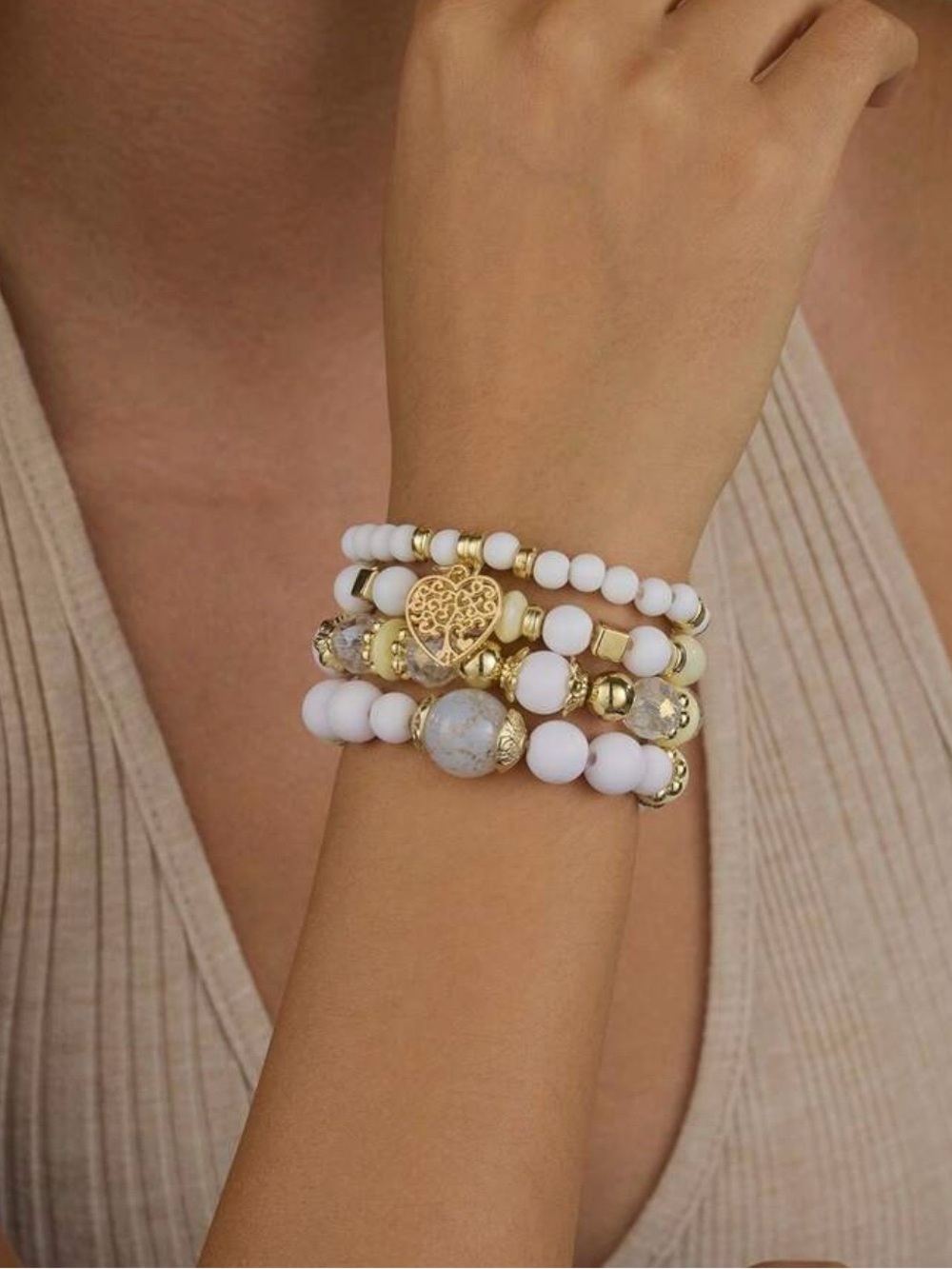 Gold and White Beaded Heart Charm Bracelet Set - Picture 2 of 3